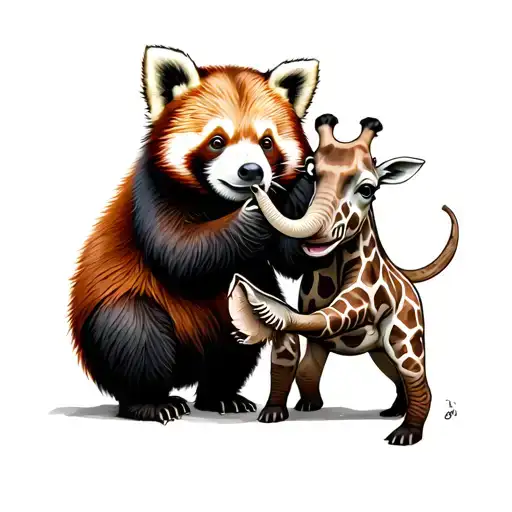 red panda a giraffe playing with elephant and sloth in the citcus act show. tattoo design idea