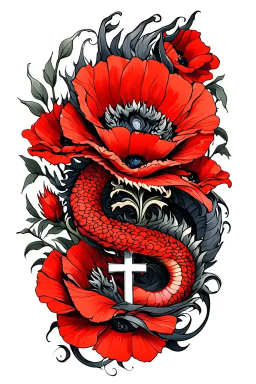 dragon wrapped around red poppies and cross  tattoo design idea