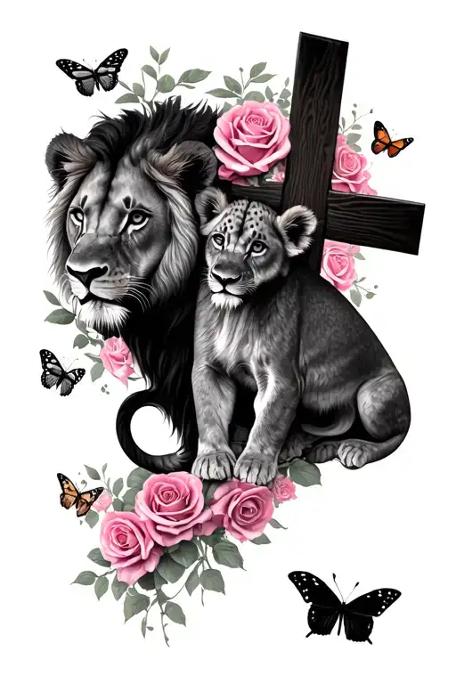 Lioness who protects her lion cub with roses and butterflies around, below a cross surrounded by pink in black and white tattoo design idea