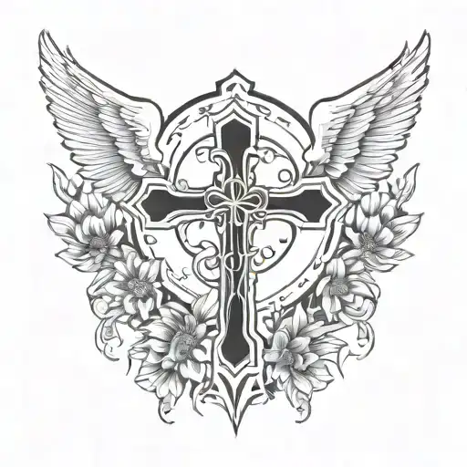 black gothic cross with wings and sun flowers wrapping around in a cloud filled sky tattoo design idea