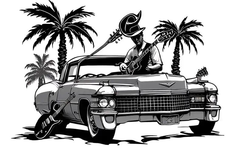 old Cadillac with a man sitting on the hood playing guitar with a electric guitar leaning against the car and palm trees tattoo design idea