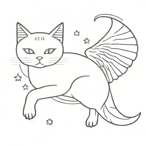 black fur cat, angel wings, white chest, grey stripes, half moon, stars tattoo design idea