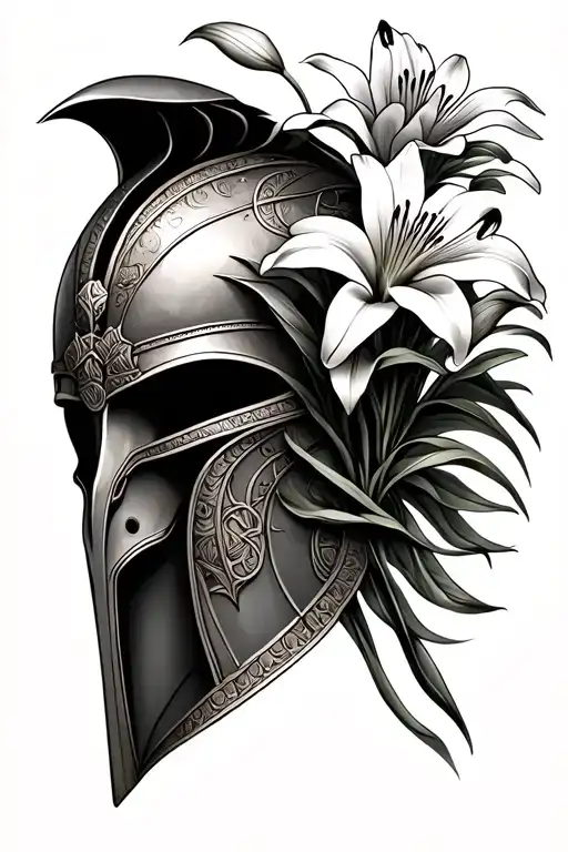 trojan helmet with lily flowers growing together tattoo design idea