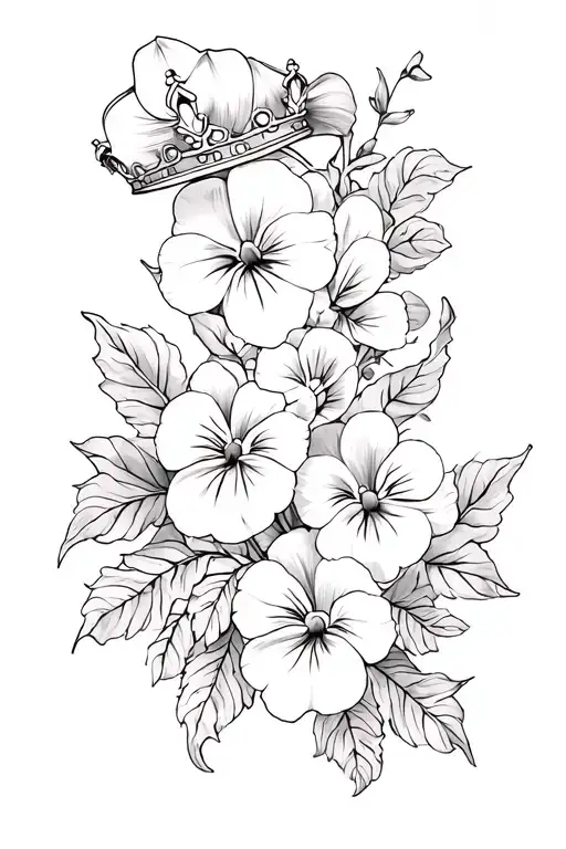 crown and pansies surrounding tattoo design idea
