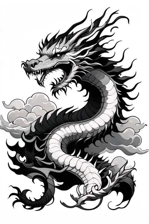 japanese dragon and clouds surrounding tattoo design idea