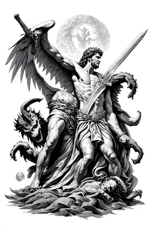 St. Michael fighting the devil and killing him with a sword tattoo design idea
