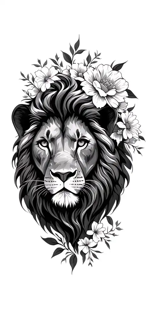 Leo lion with flowers tattoo design idea