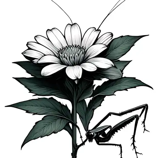 small praying mantis holding a flower tattoo design idea