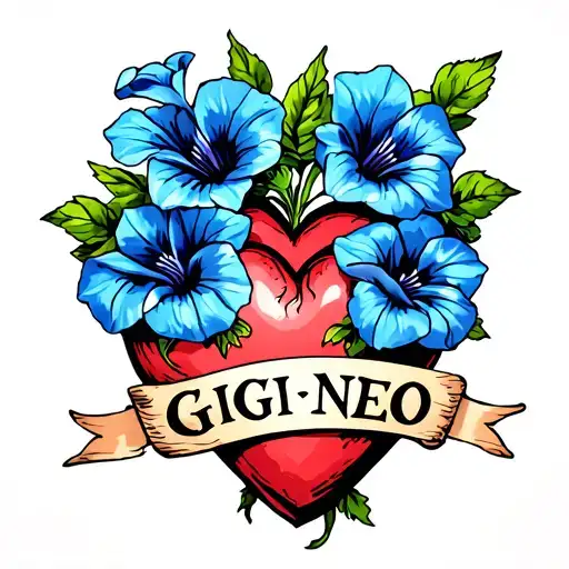 sailor Jerry style heart tattoo with 3 morning glory flowers that are blue and a banner across the heart that says "GIGI tattoo design idea