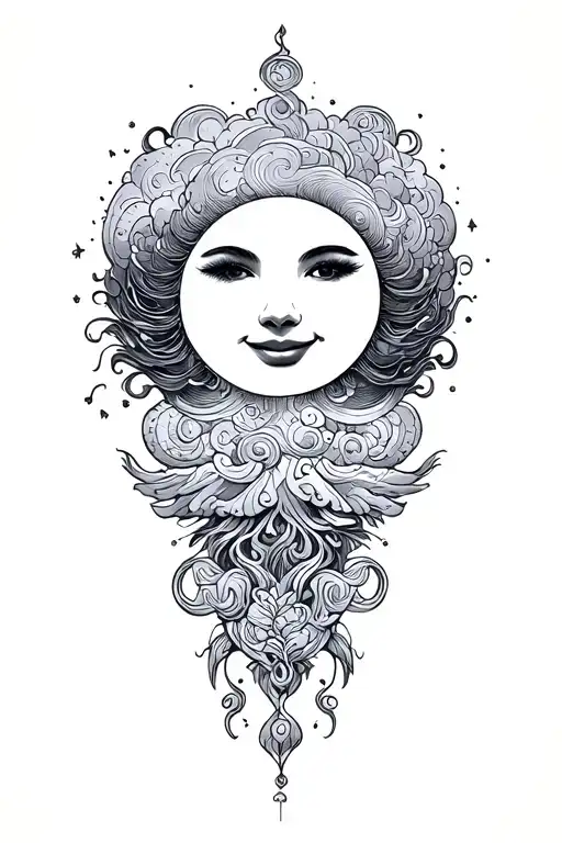 psychadelic clouds fantasy smiling moon tattoo design idea