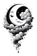 psychadelic clouds fantasy smiling moon tattoo design idea