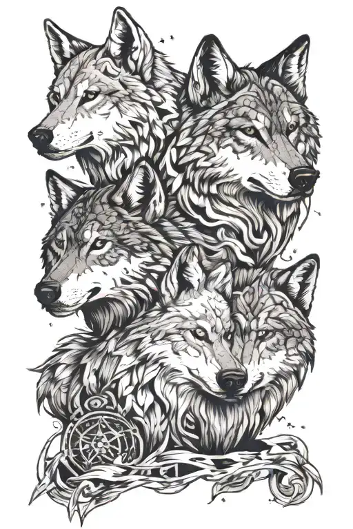 star night cancer stars, moutains, two wolves one anrgy with light brown eyes and the other facing calm with blue eyes. tattoo design idea