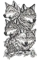 star night cancer stars, moutains, two wolves one anrgy with light brown eyes and the other facing calm with blue eyes. tattoo design idea