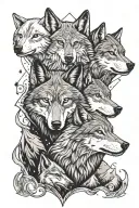 star night cancer stars, moutains, two wolves one anrgy with light brown eyes and the other facing calm with blue eyes. tattoo design idea