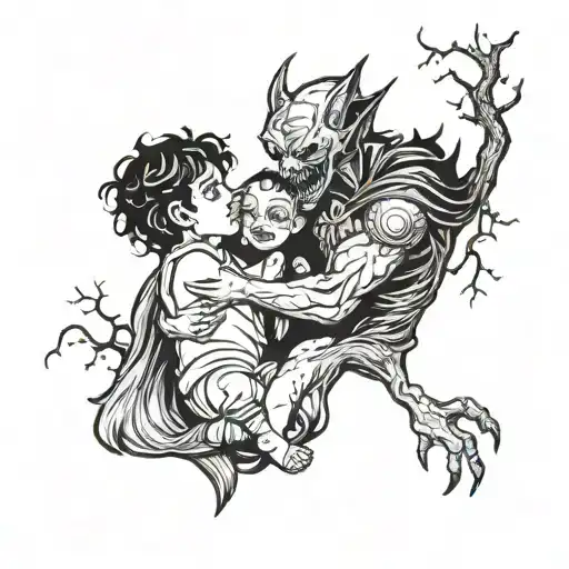 A spooky and sexy vampire seducing a funny and cool werewolf in a moonlit forest, with a human baby sitter looking on in surprise tattoo design idea
