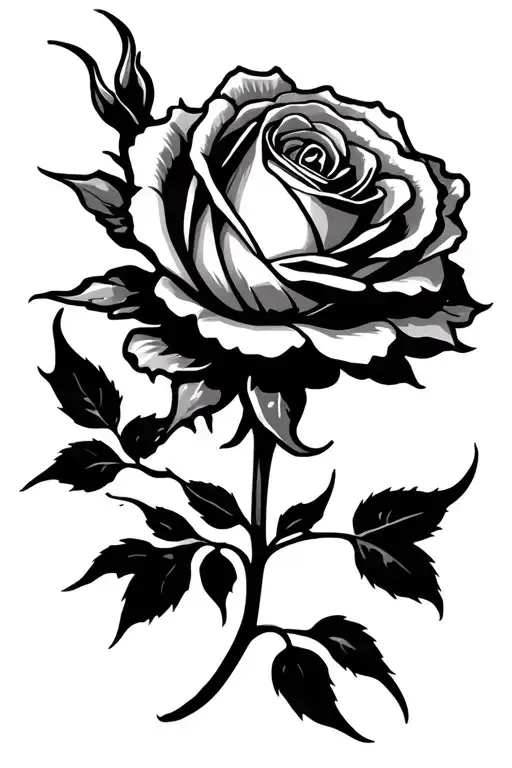 Large, detailed rose with added thorns on the stem, symbolizing both beauty and strength. The petals should have deep sh tattoo design idea