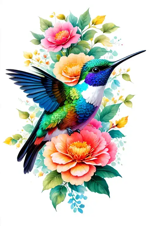 humming bird with flowers tattoo design idea