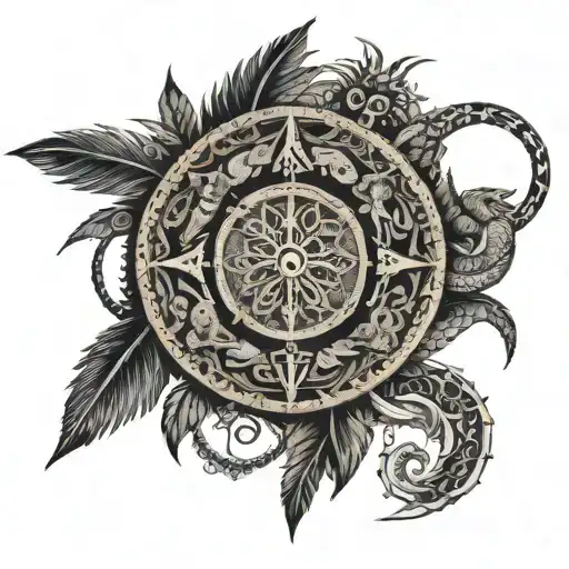  feathered serpent wrapped around a tree of life and a compass with waves and a music note tattoo design idea