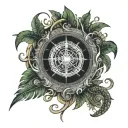  feathered serpent wrapped around a tree of life and a compass with waves and a music note tattoo design idea