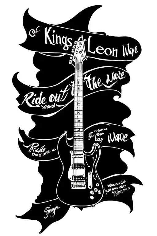 Kings of Leon album covers tattoo for leg with some lyrics and a guitar with “ride out the wave” wrapped around it  tattoo design idea