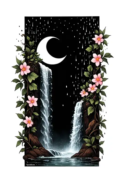 sun moon rain waterfall flower vine going thru tattoo design idea