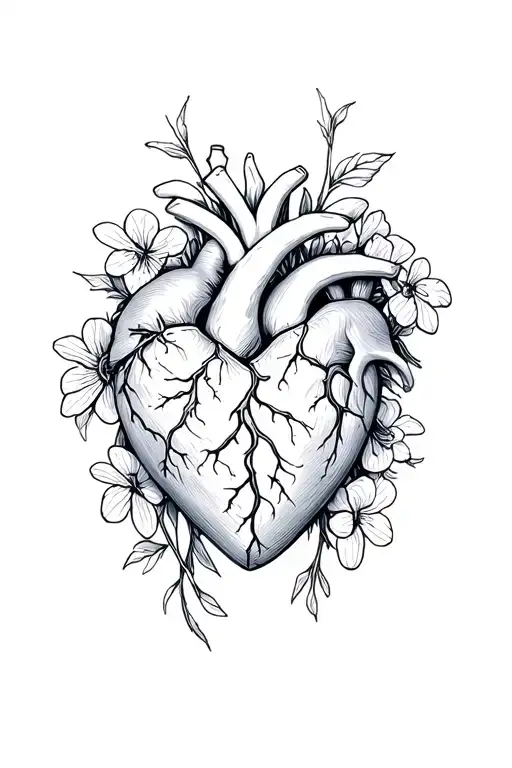 a heart broken surrounded by violets with fear of eternity above it tattoo design idea