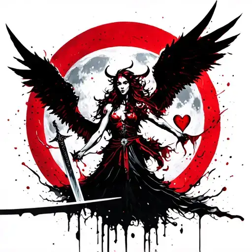 demon angel holding sword and a heart under the full moon tattoo design idea