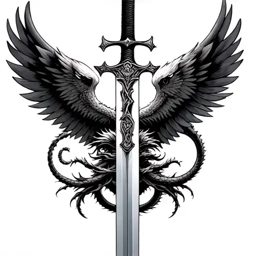 sword with eagle wings a cross guard, add a long dragon spiraling around the blade with the face of a samurai  tattoo design idea