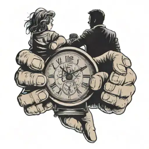 father's hand holding two hands holding with over a broken vintage clock with silhouette of father and 2 kids tattoo design idea