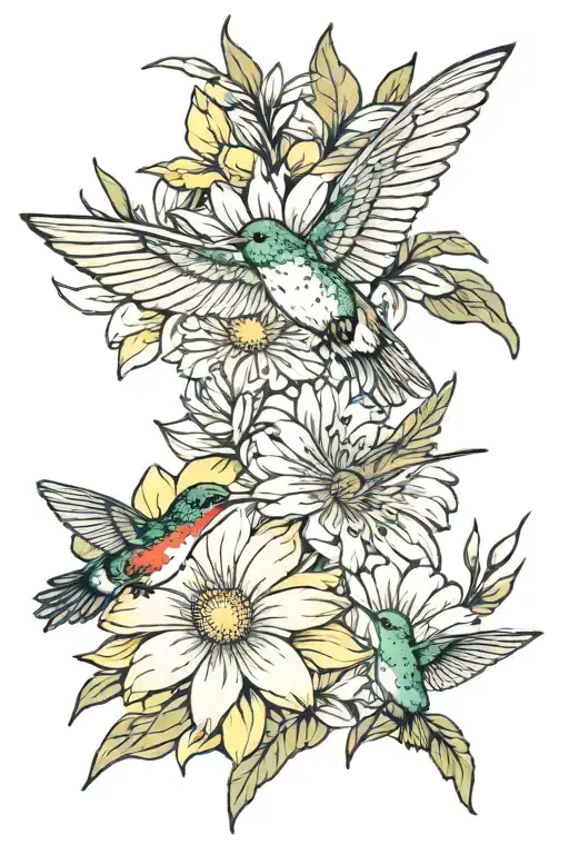white daisy yellow butterfly hummingbirds flying tattoo design idea