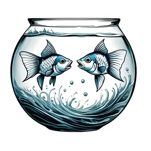 two fish swimming in a fish bowl with swirling water tattoo design idea