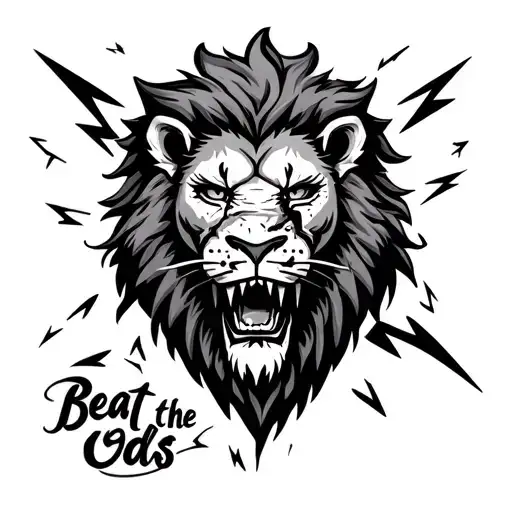 scary lion head with scar down 1 eye.  lightening bolts in the background. then a quote saying " beat the odds "  tattoo design idea