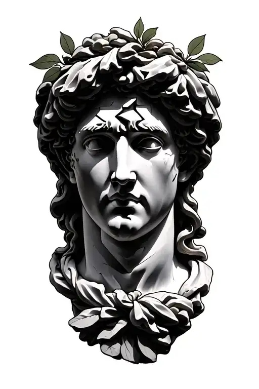 broken Roman bust sculpture with olive branches and drapes tattoo design idea