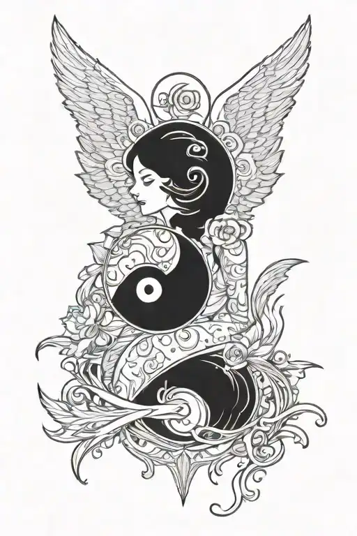 angel with yin yang symbol and pisces and virgo tattoo design idea