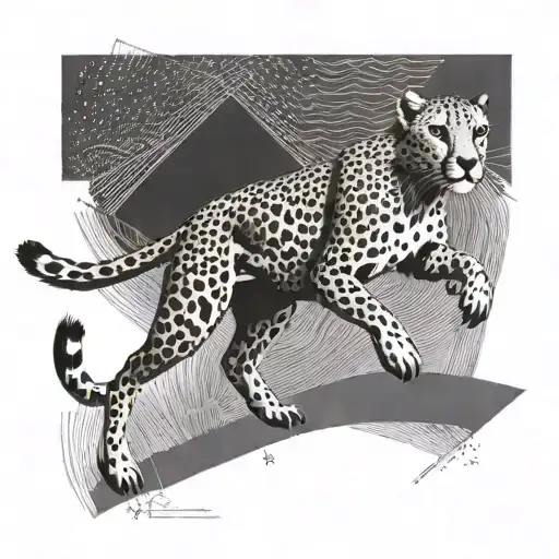 A sleek cheetah sprinting through a legal document, symbolizing speed and agility in the legal profession tattoo design idea