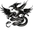 Snake, eagle and dragon are fighting against the background of the phrase New Era - Excellere, Renasci, Aeternum tattoo design idea