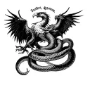 Snake, eagle and dragon are fighting against the background of the phrase New Era - Excellere, Renasci, Aeternum tattoo design idea