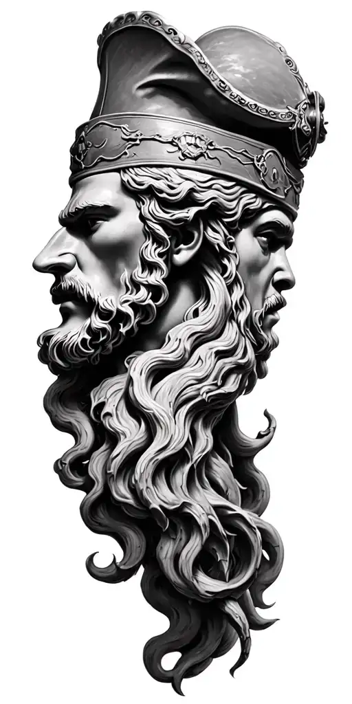fotorealistic head of poseidon, pirateship, kraken tattoo design idea