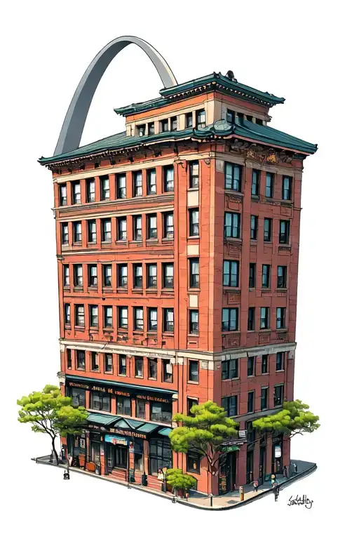 japanese building with St. Louis arch tattoo design idea