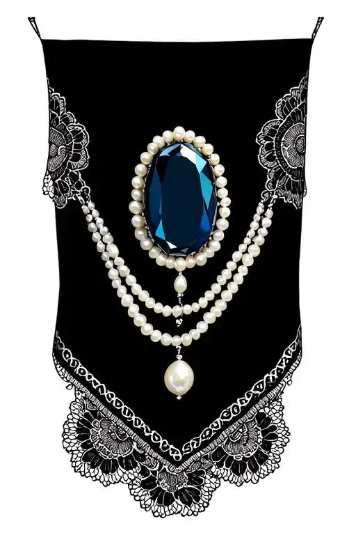 black lace hanky, dark blue oval gem, string of 30 pearls tattoo design idea