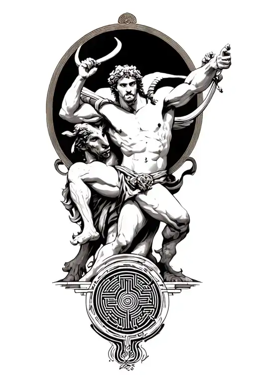 Theseus fighting the Minotaur with the labyrinth below tattoo design idea