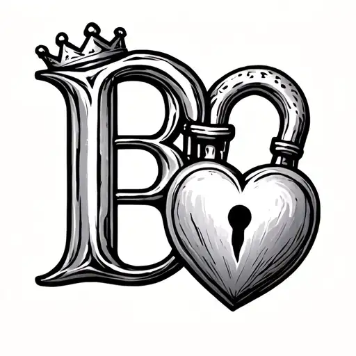 letter B with a crown and heart shaped lock minimalistic  tattoo design idea