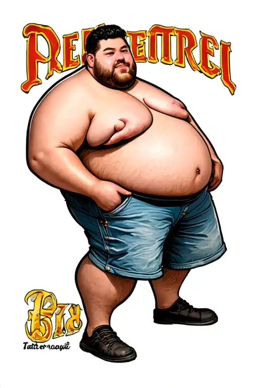 a chubby men standing holding his belly tattoo design idea