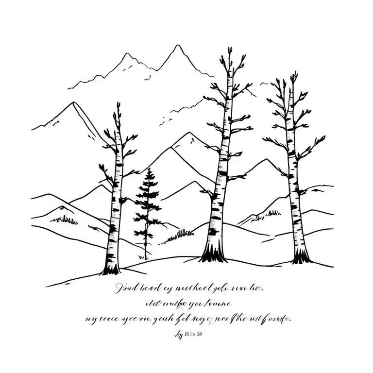 birch trees with mountains in the background with words in tiny print at the base  tattoo design idea