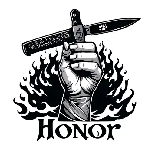 A masculine tattoo of a hand holding a Japanese knife with a dog paw on the blade, flames or waves, the word "Honor,"  tattoo design idea