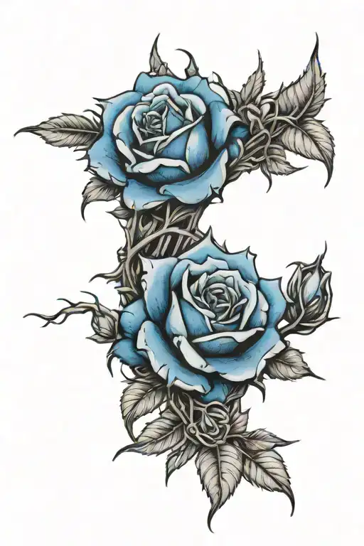 thorns coming out of a crown and the thorns blooms blue roses tattoo design idea