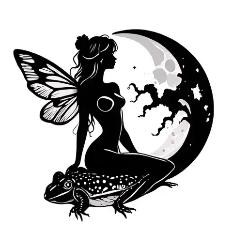 fairy sitting on toad looking at moon black and white minimalist silhouette tattoo design idea