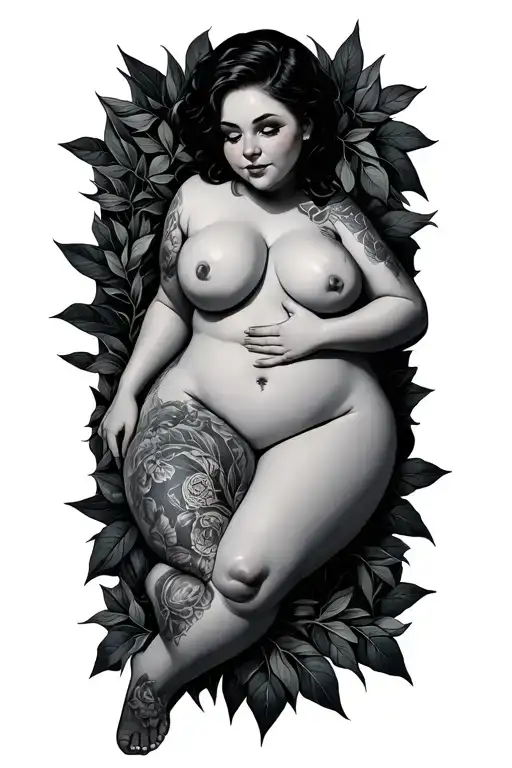 nude bbw chubby white girl frontal side laying pose in foliage black and grey hands and feet hidden tattoo design idea