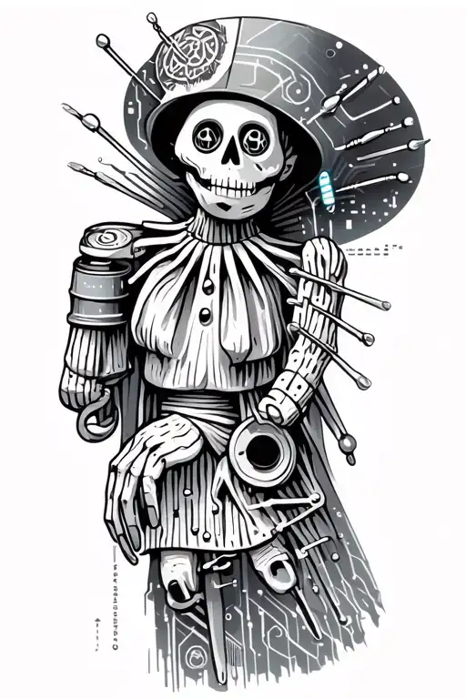 voodoo doll with cylinder hat and needles on his own hand tattoo design idea