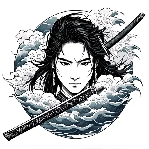 chuugi tattoo with Japanese clouds and samurai sword tattoo design idea